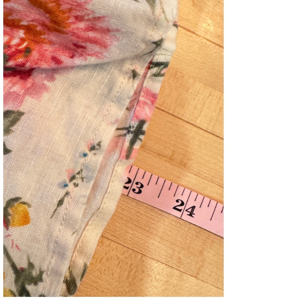 Hester & Orchard Linen Blend Floral Button Front Tie Sleeve Top L Pink Yellow - Picture 7 of 8
